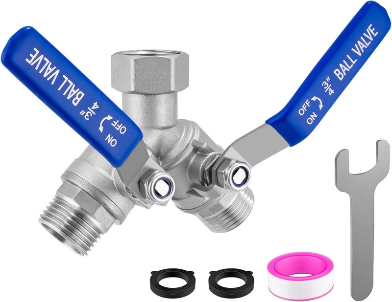 windblowgrass 304 Stainless Steel Garden Hose Splitter 2 Way Heavy Duty, Full Flow Water Hose Splitter with Long Handle, Lead-free, 3/4" GHT Thread, with 2 Washers, 1 Tape & Wrench - Image 1